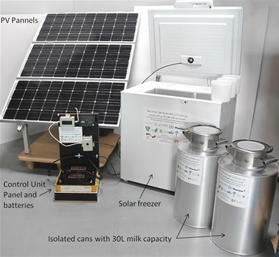 Solar Milk Cooling System for 60 liter per day ( PV-Panels, Batteries, Adaptive control unit, Ice-maker and 2 Isolated milk cans)